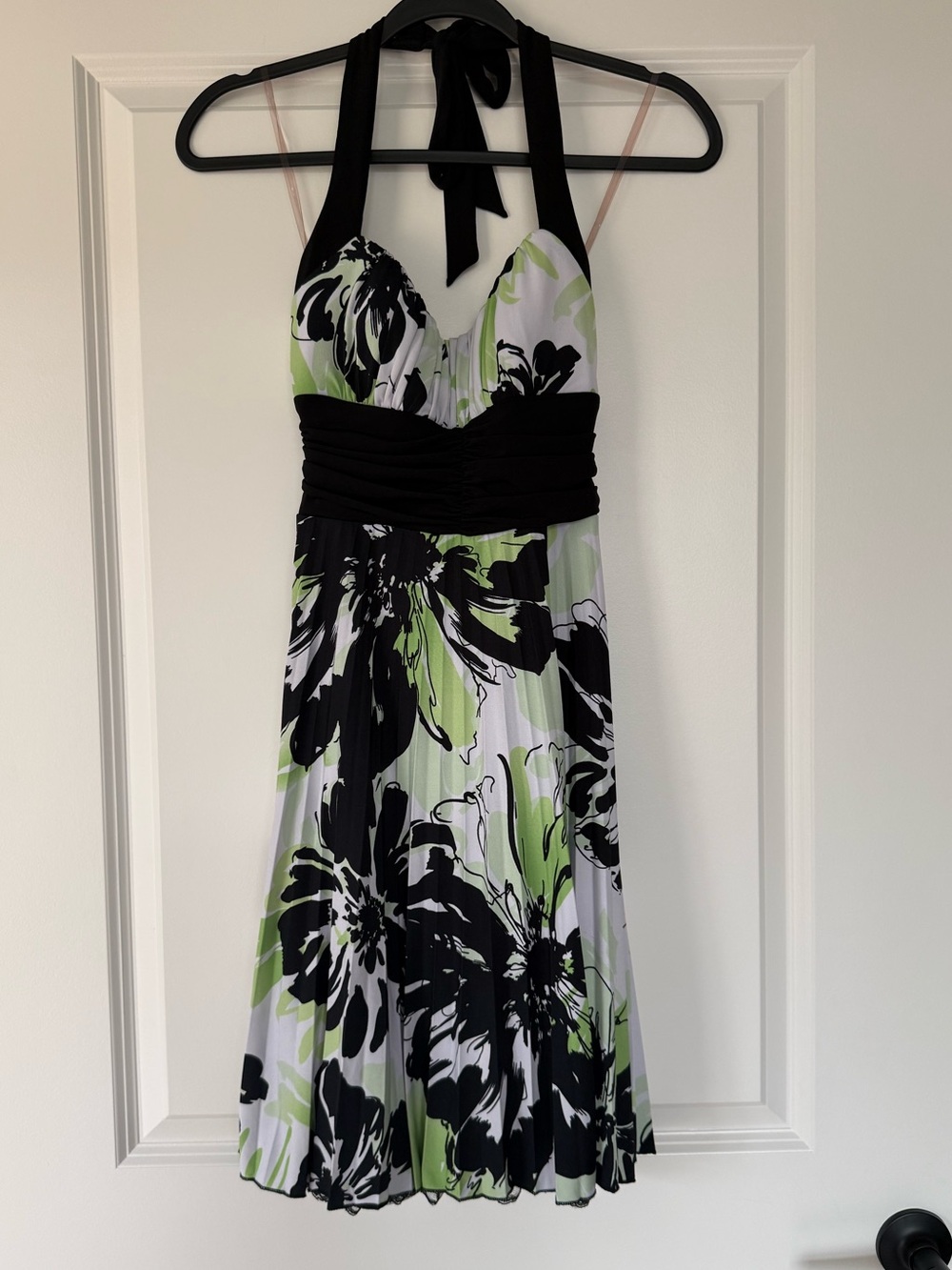 Halter Floral Fit-and-Flare Dress in Black and Green